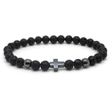 Bracelet Perles Homme Croix Argentée en Pierre - Mon Bracelet Homme