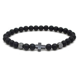 Bracelet Perles Homme Croix Argentée en Pierre - Mon Bracelet Homme